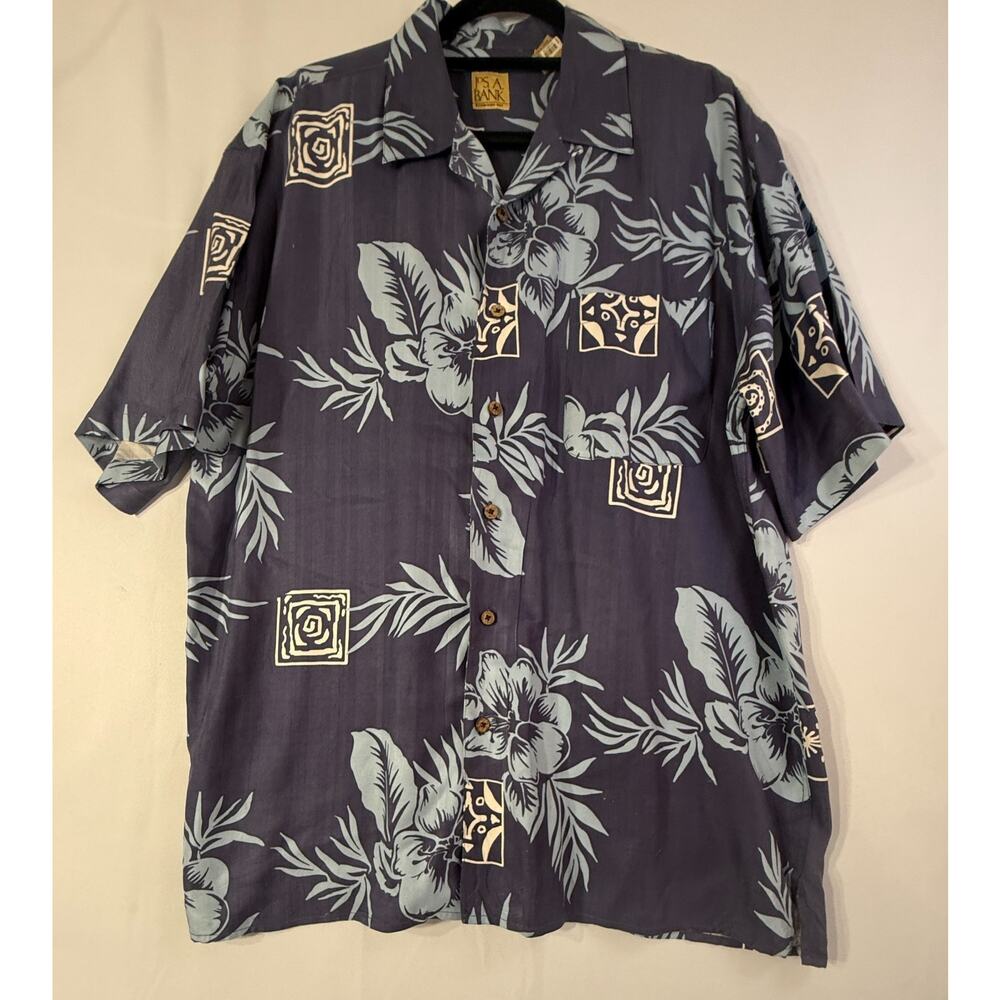 Jos A Bank Mens Large Silk Hawaiian Shirt Blue Floral Tropical Short Sleeve
